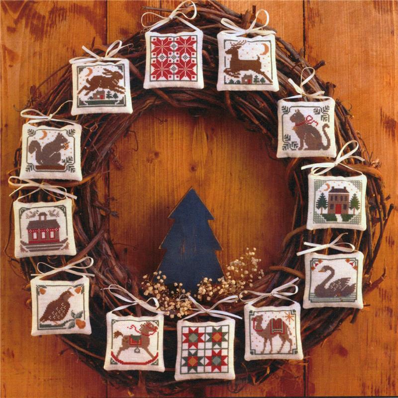 Decorative wreath with embroidered square ornaments on a wooden background