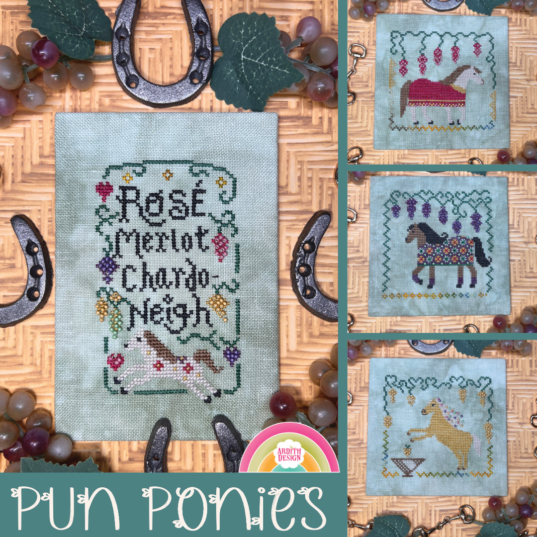 A collection of four pun-themed embroidery designs featuring images of horses with text puns, displayed on a linen background.