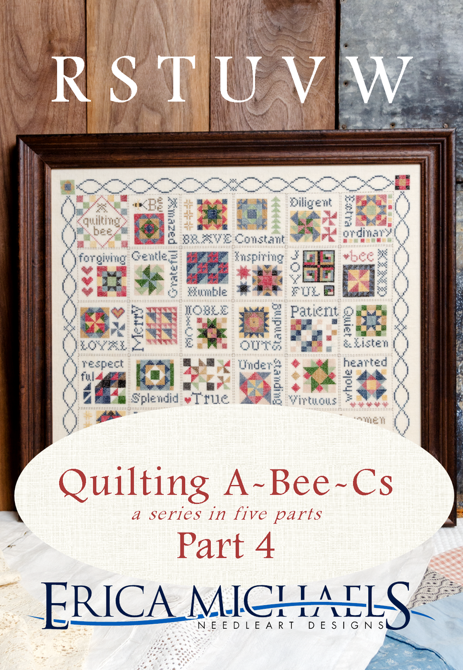 Quilt with embroidered text and wooden frame, featuring the title 'Quilting A-Bee-Cs' by Erica Michaels.