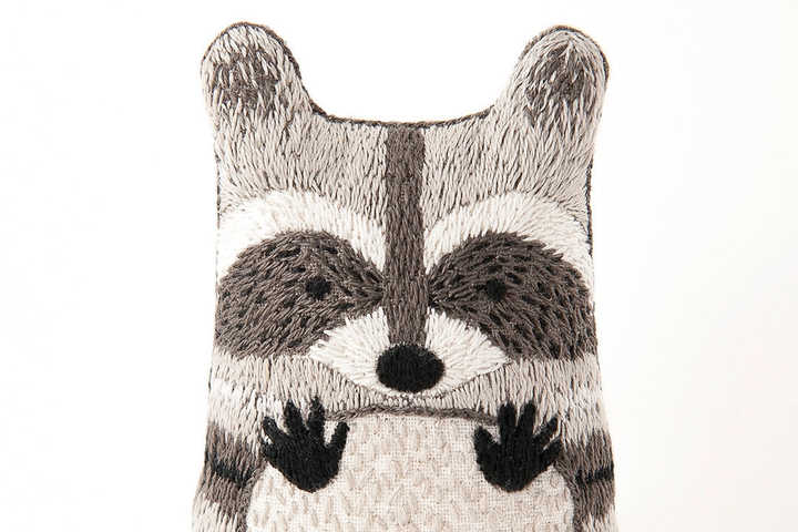 Embroidered design of a raccoon face on a white background