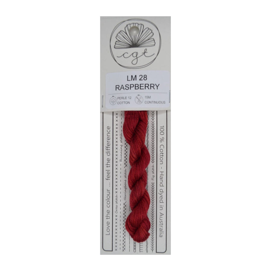 A skein of red Cottage Garden Threads pre-cut 6 Strand Hand-Dyed 100% cotton cross stitch and embroidery floss, packaged on a card with product information.