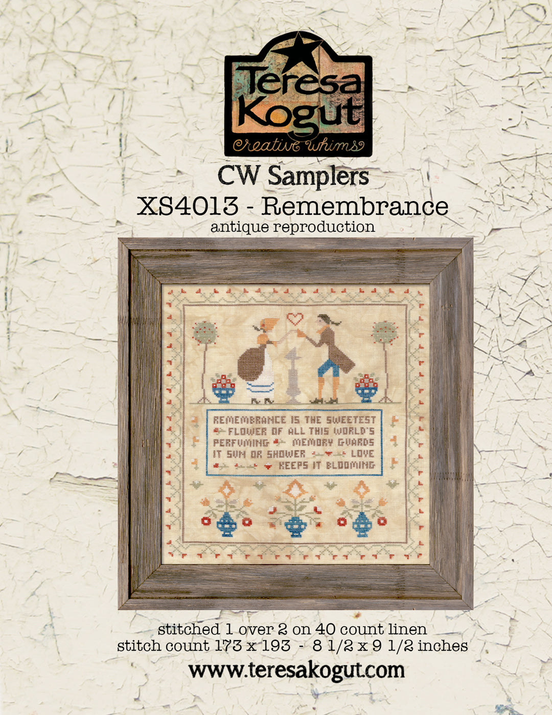 CW Samplers Remembrance antique reproduction with wooden frame on textured beige background