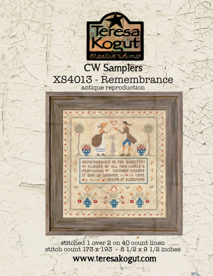 CW Samplers Remembrance antique reproduction with wooden frame on textured beige background