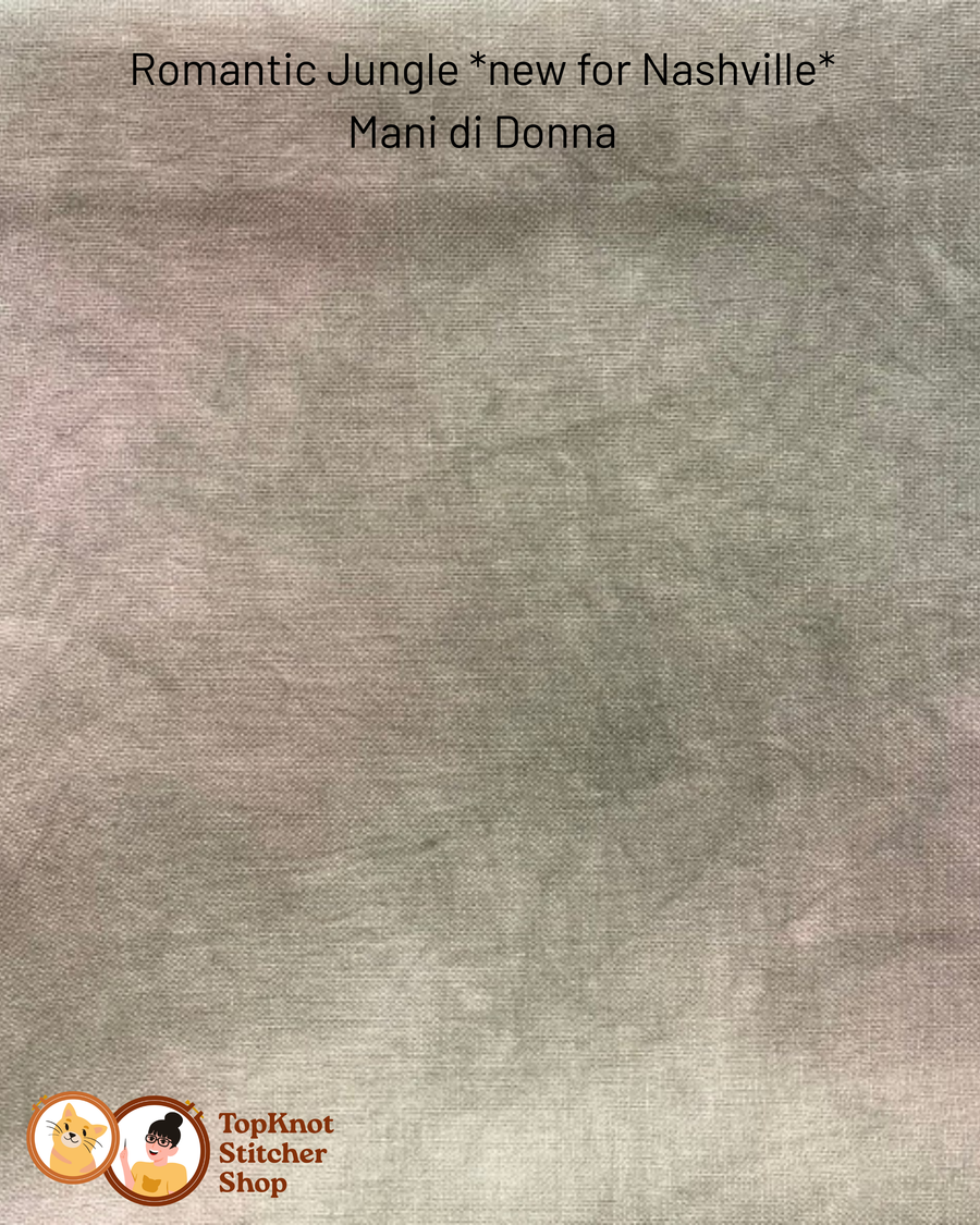 Textured fabric background with promotional text for 'Romantic Jungle' by Mani di Donna, featuring the TopKnot Stitcher Shop logo.