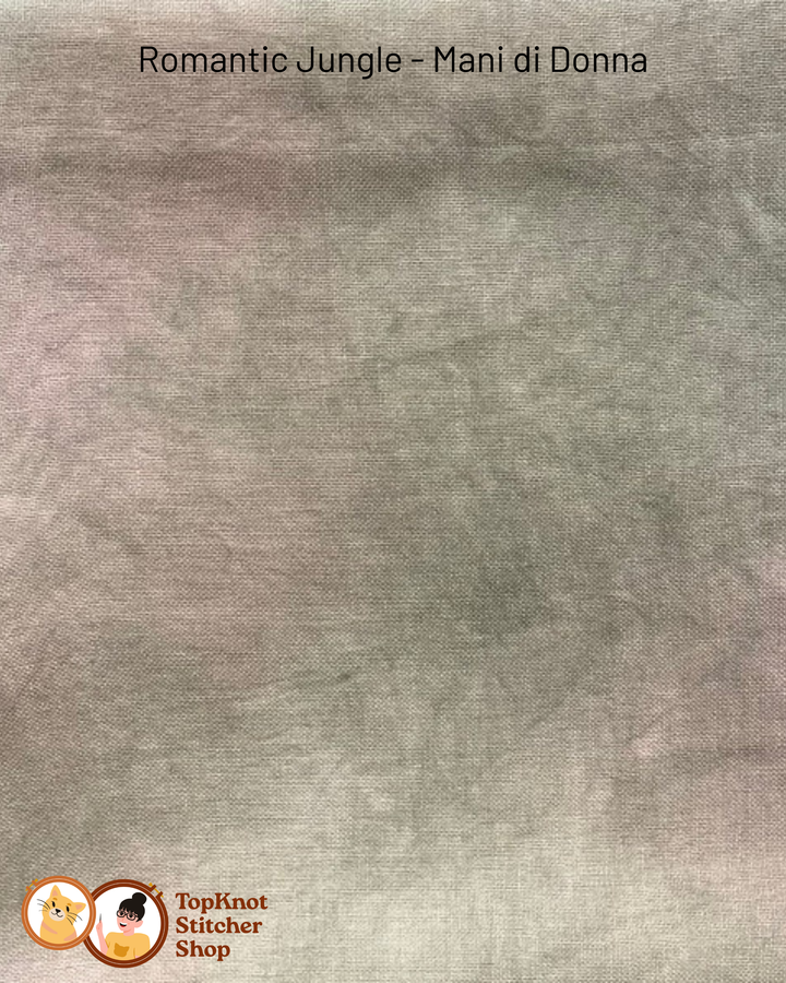 Textured camouflage color fabric swatch with 'Romantic Jungle - Mani di Donna' text and TopKnot Stitcher Shop logo.