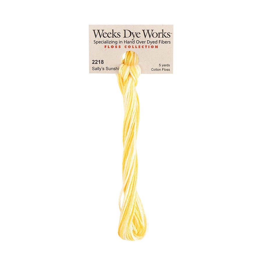 A single skein of Weeks Dye Works 'Salty's Sunshine' cotton thread in a pale yellow shade, attached to a paper header card against a plain white background.
