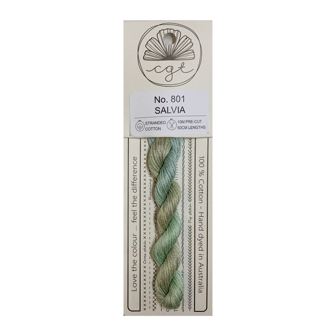 Packaging of Cottage Garden Threads Salvia cross stitch and embroidery floss, displaying the pre-cut 6 strand thread in a green color, with the brand and product information.