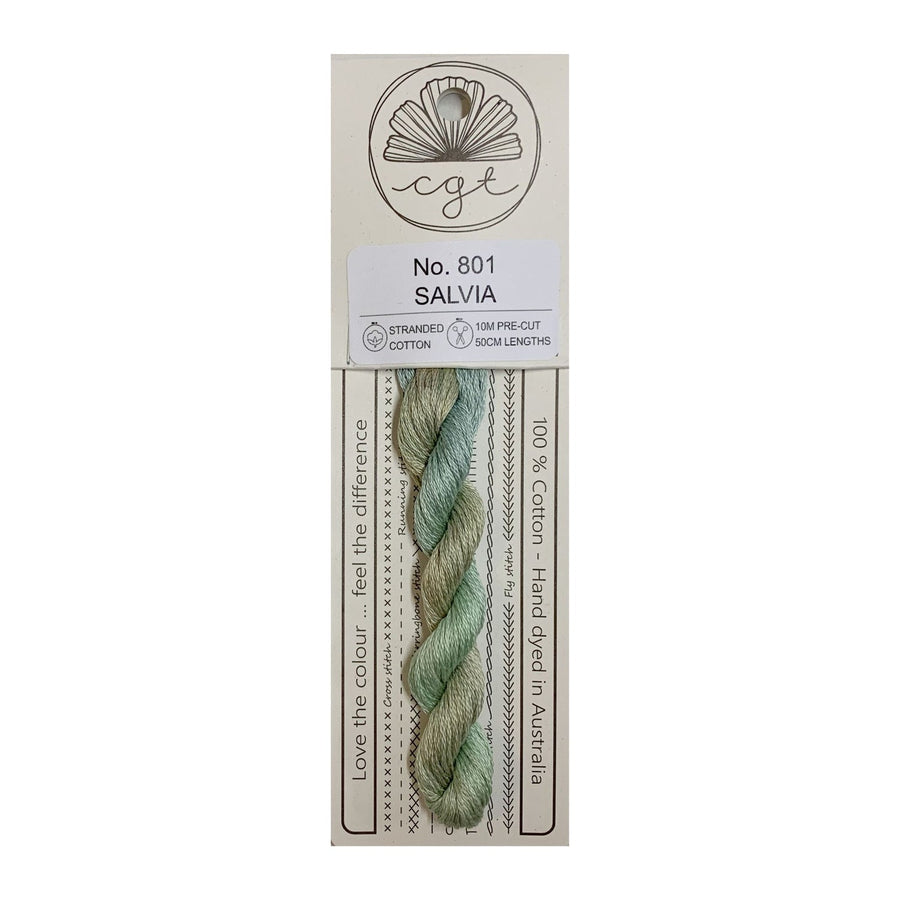 Packaging of Cottage Garden Threads Salvia cross stitch and embroidery floss, displaying the pre-cut 6 strand thread in a green color, with the brand and product information.