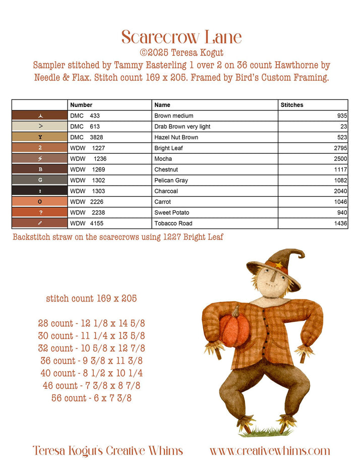 A sampler swatch sheet for 'Scarecrow Lane' by designer Teresa Kagit, featuring a color-coded table of straw colors, stitch counts, and a digital illustration of a scarecrow holding two pumpkins on a white background.