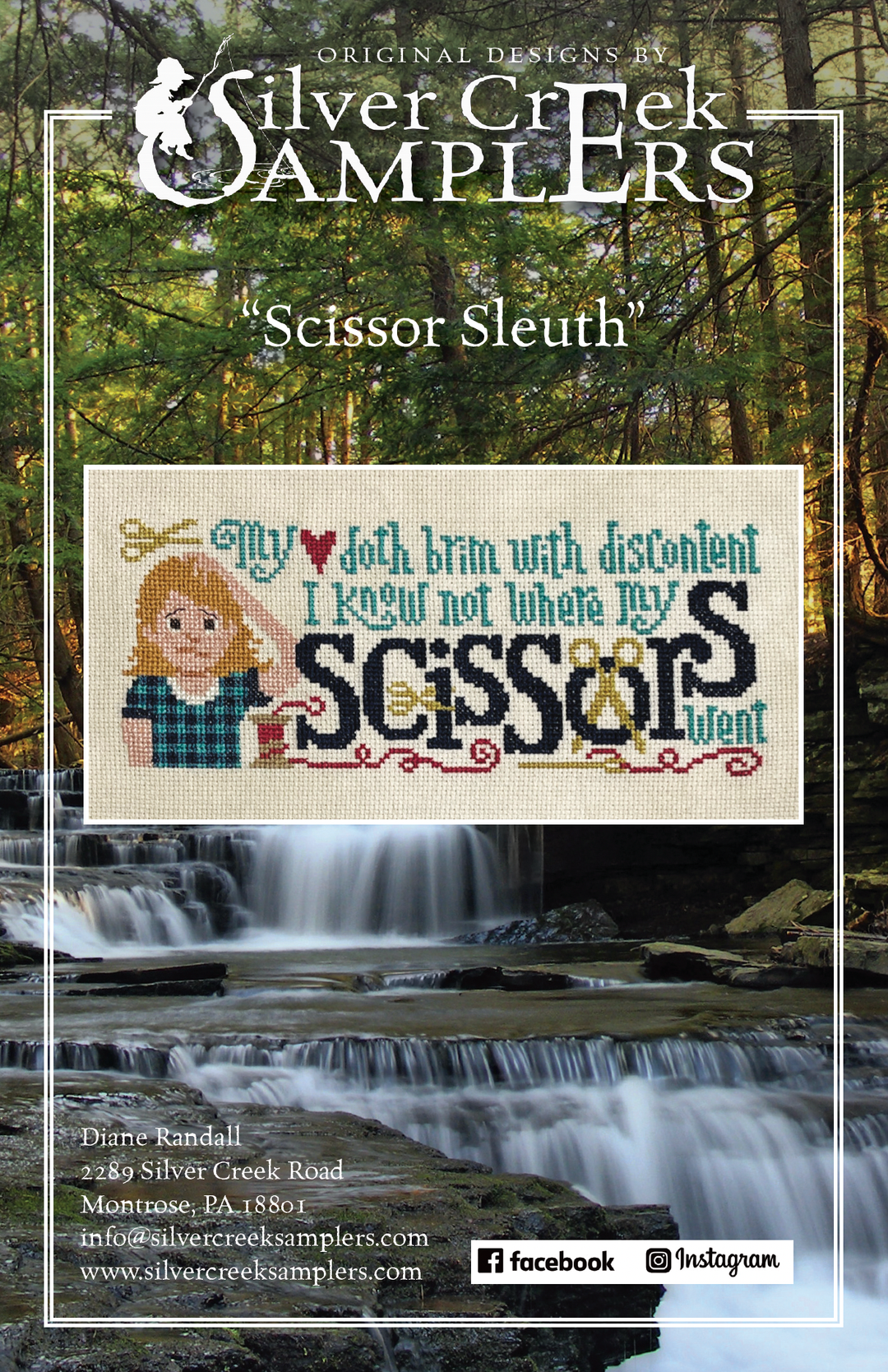 Cross-stitch pattern titled 'Scissor Sleuth' by Silver Creek Samplers with a scenic background of trees and waterfalls.
