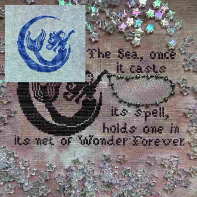 Cross-stitched design with moon and star emblem and text 'The Sea, once it casts its spell, holds one in its net of Wonder Forever.'.