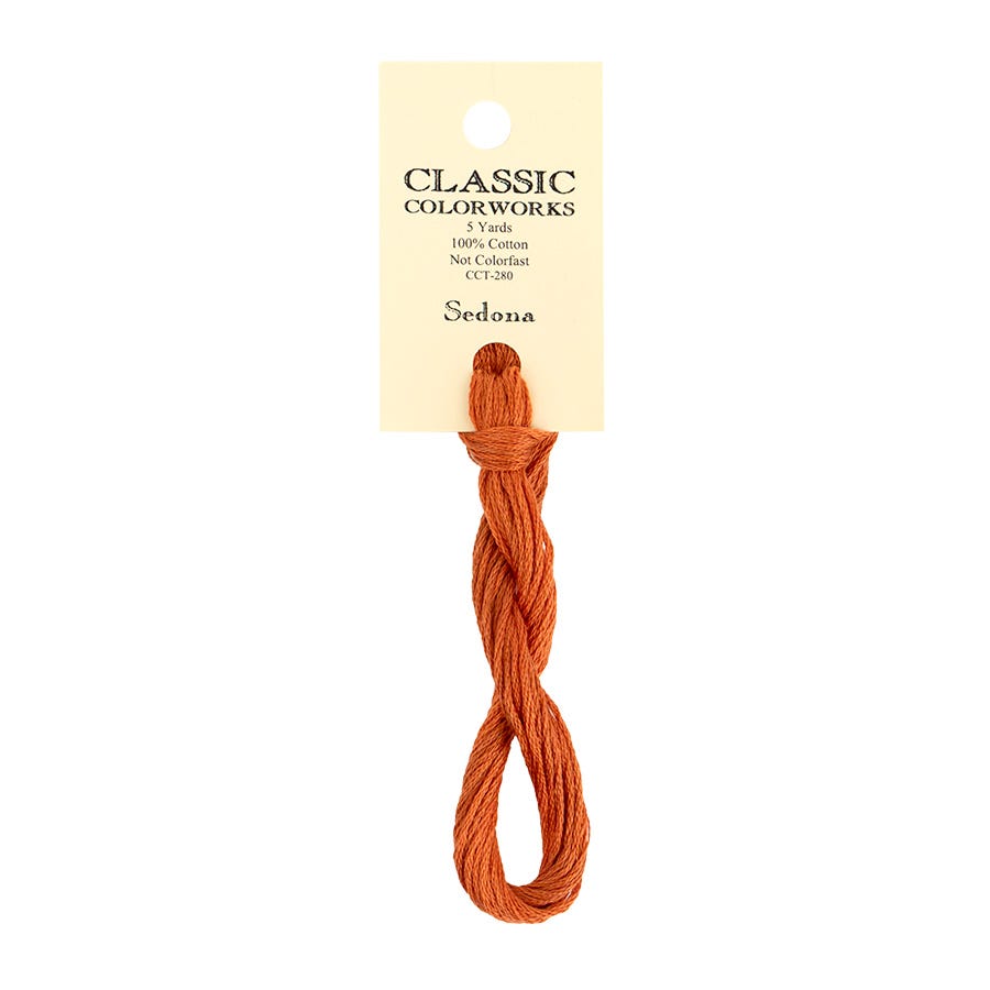 Orange embroidery floss on a Classic Colorworks card with 'Sedona' label on a white background