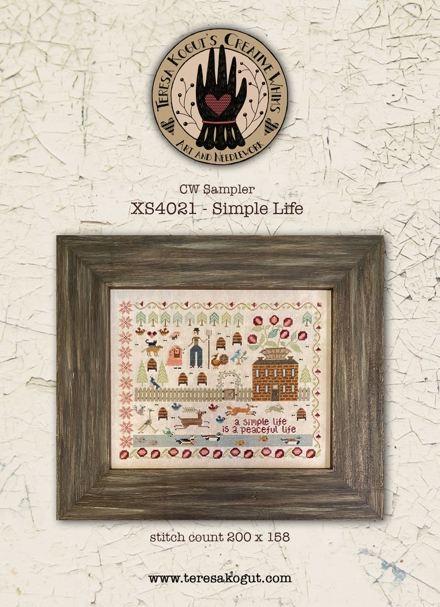 Framed cross-stitch sampler with decorative elements on a textured beige background, featuring Teresa Kogut's Creations logo.