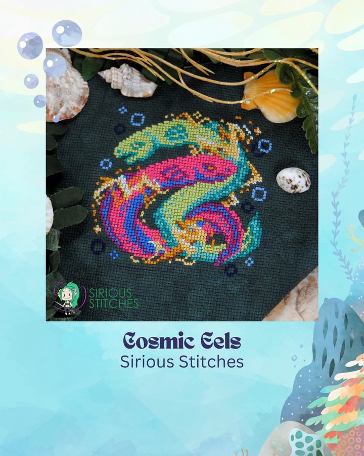 Cross-stitched design of a colorful eel with 'Serious Stitches' branding on a black fabric background.