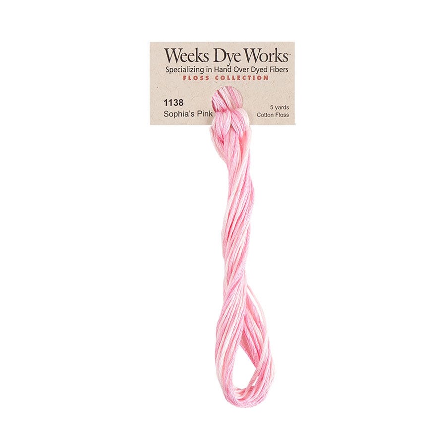 A single skein of Weeks Dye Works Sophia's Pink cotton floss thread with its original paper label, shown against a plain white background.