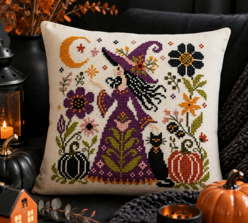A square cross-stitch pillow featuring a witch, cat, flowers, pumpkins, and a crescent moon on a cream fabric background, styled on a dark couch with candles and pumpkins around it.