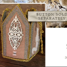 A needlecraft pattern for a 'Spirits Tower' with a Primitive Hare design, indicating the pattern is for a fabric project with button embellishments, and that the button is sold separately.