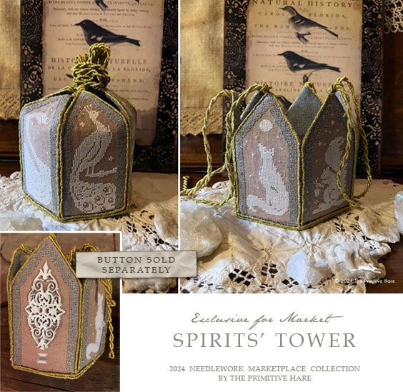 Decorative 'Spirits' Tower' with lace and bird design, shown on a textured surface with vintage-style background.