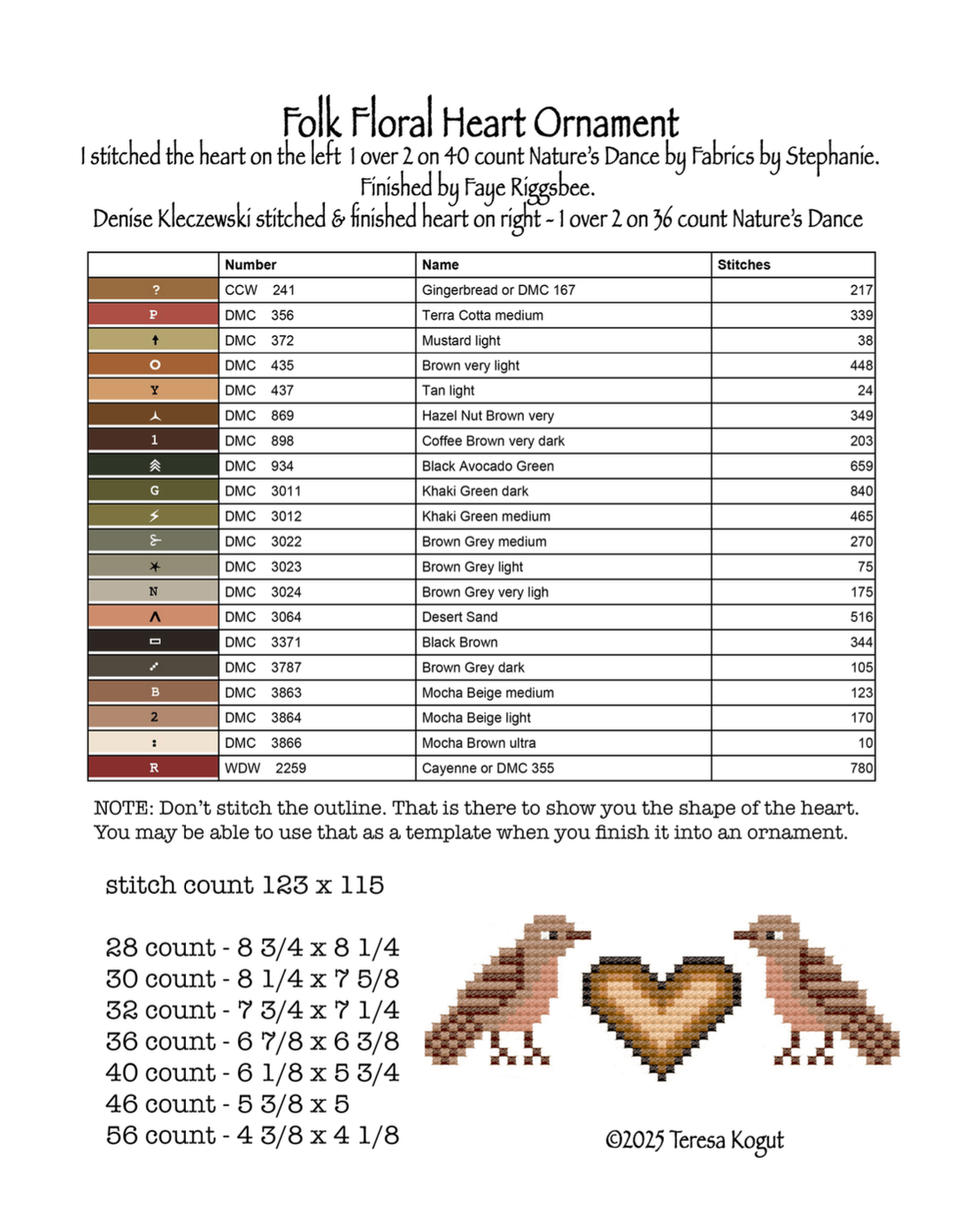 Cross-stitch pattern for a folk floral heart ornament with color chart and stitch count.