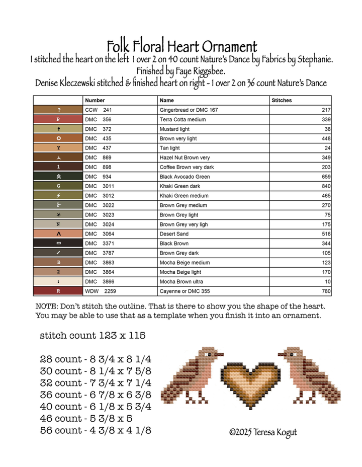 Cross-stitch pattern for a folk floral heart ornament with color chart and stitch count.