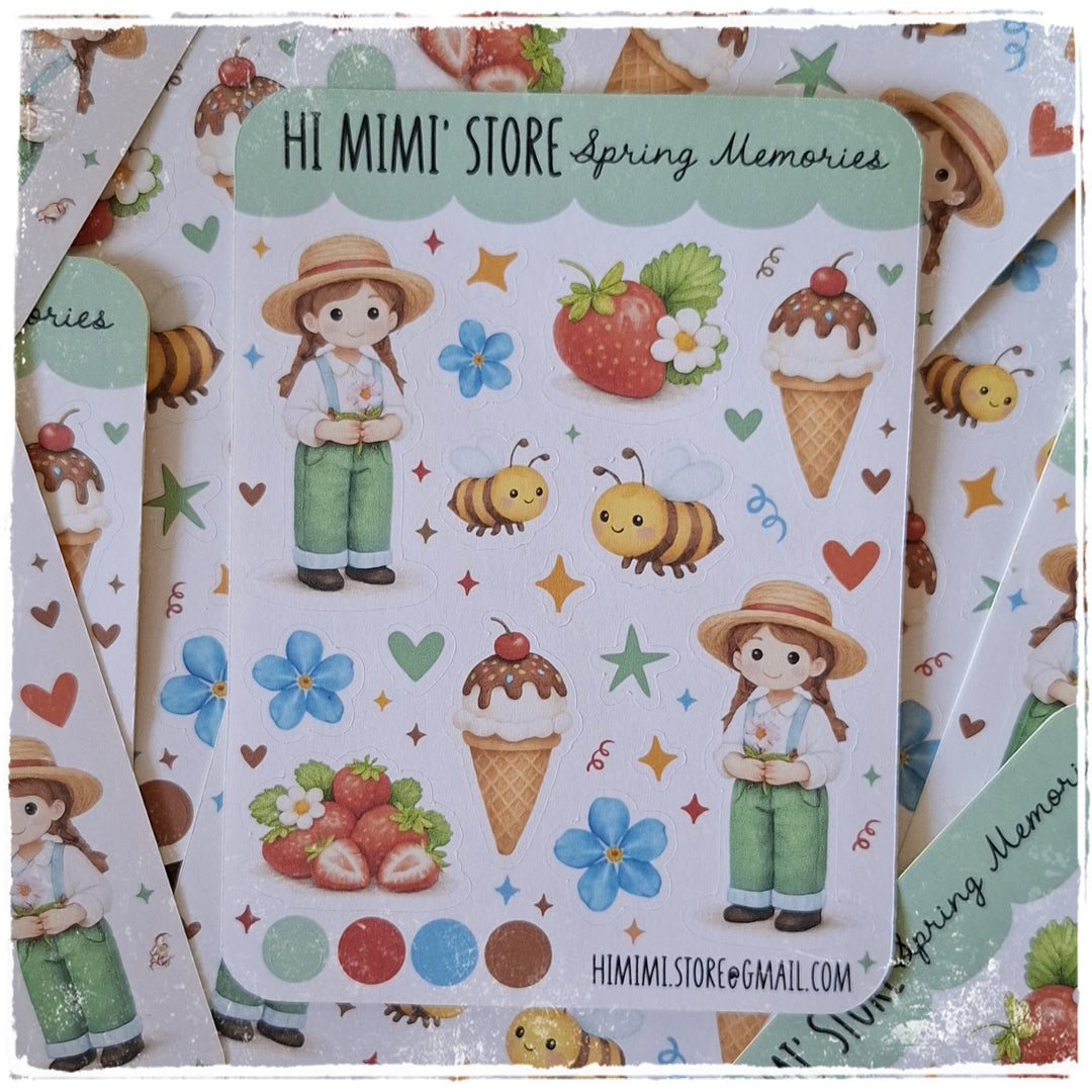 A sheet of cute spring-themed stickers from Hi Mimi's Store, featuring cartoon girls in straw hats, bees, strawberries, ice cream cones, and colorful flowers on a white background.