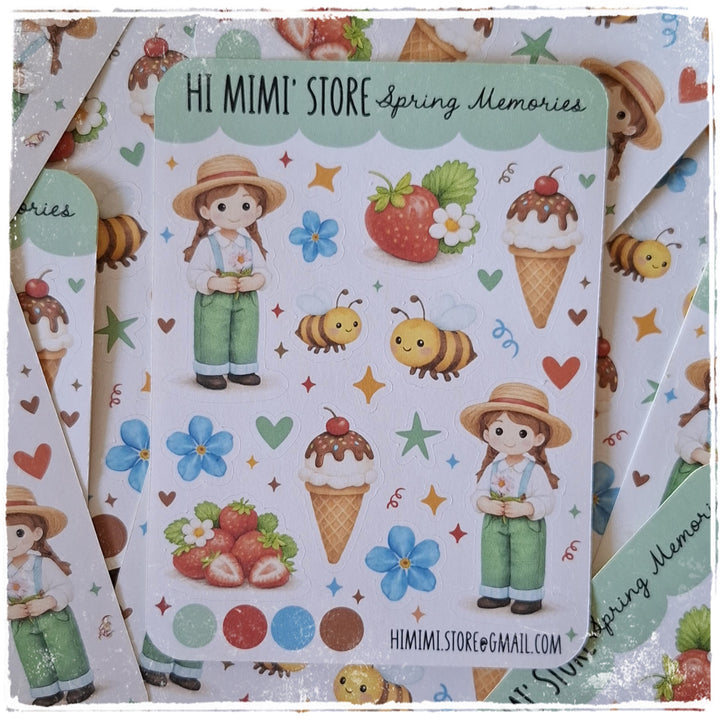 A sheet of cute spring-themed stickers from Hi Mimi's Store, featuring cartoon girls in straw hats, bees, strawberries, ice cream cones, and colorful flowers on a white background.
