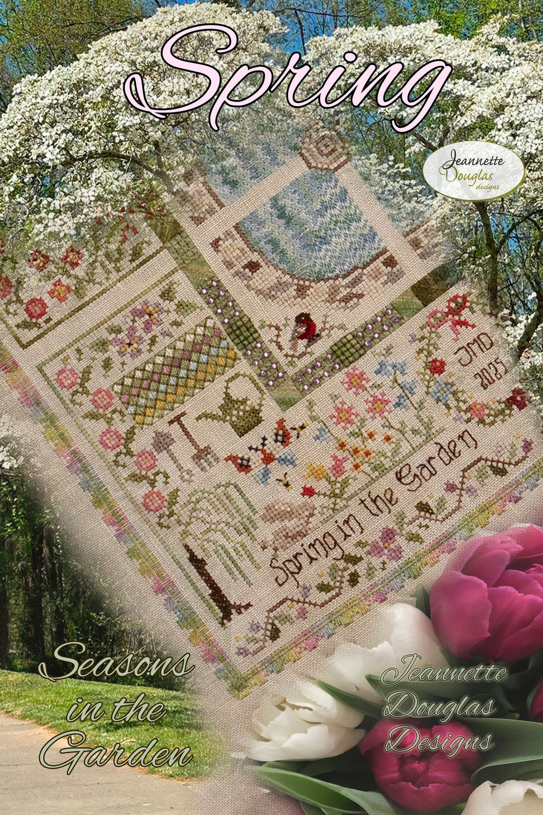 cross stitch pattern featuring spring-themed designs with flowers and text, set against a garden background.