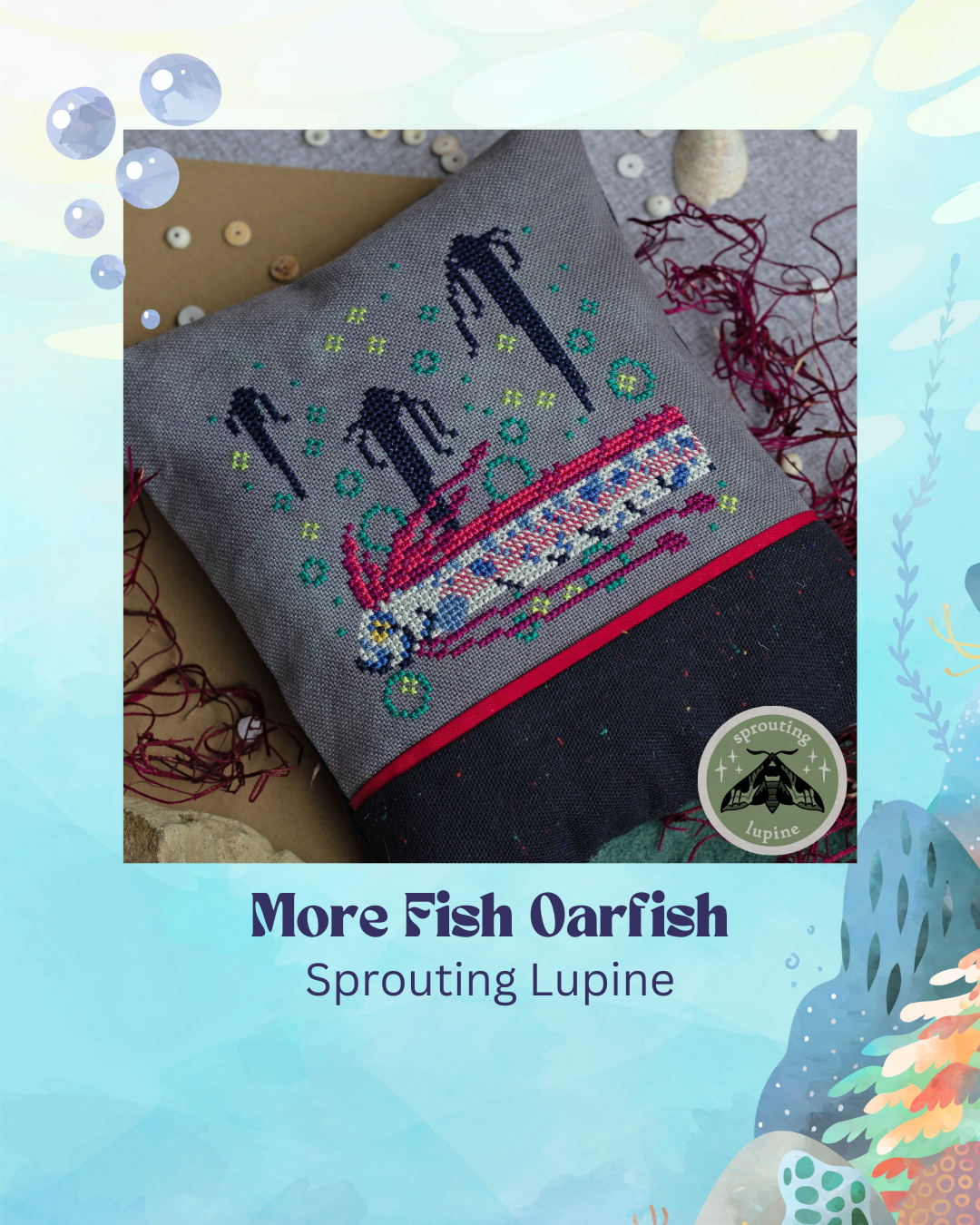 Embroidered fabric with fish design and 'Sprouting Lupine' branding on a light blue background.