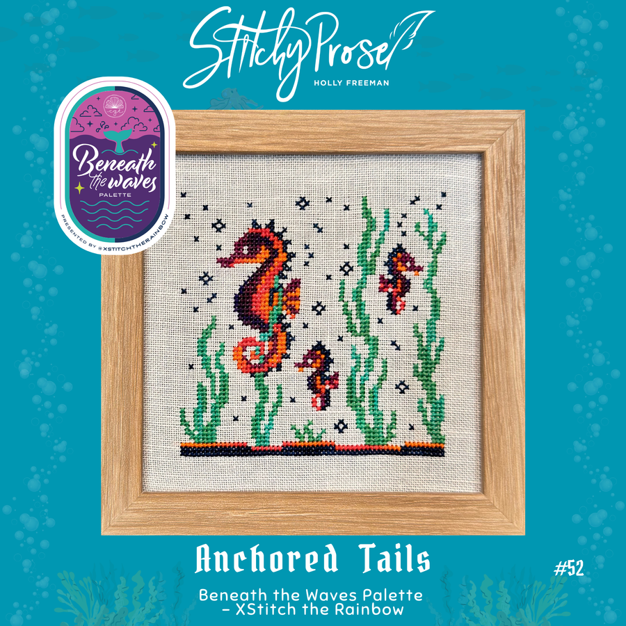 Cross-stitched design of seahorses with a wooden frame on a teal background, featuring the brand 'Stitchy Pose'.
