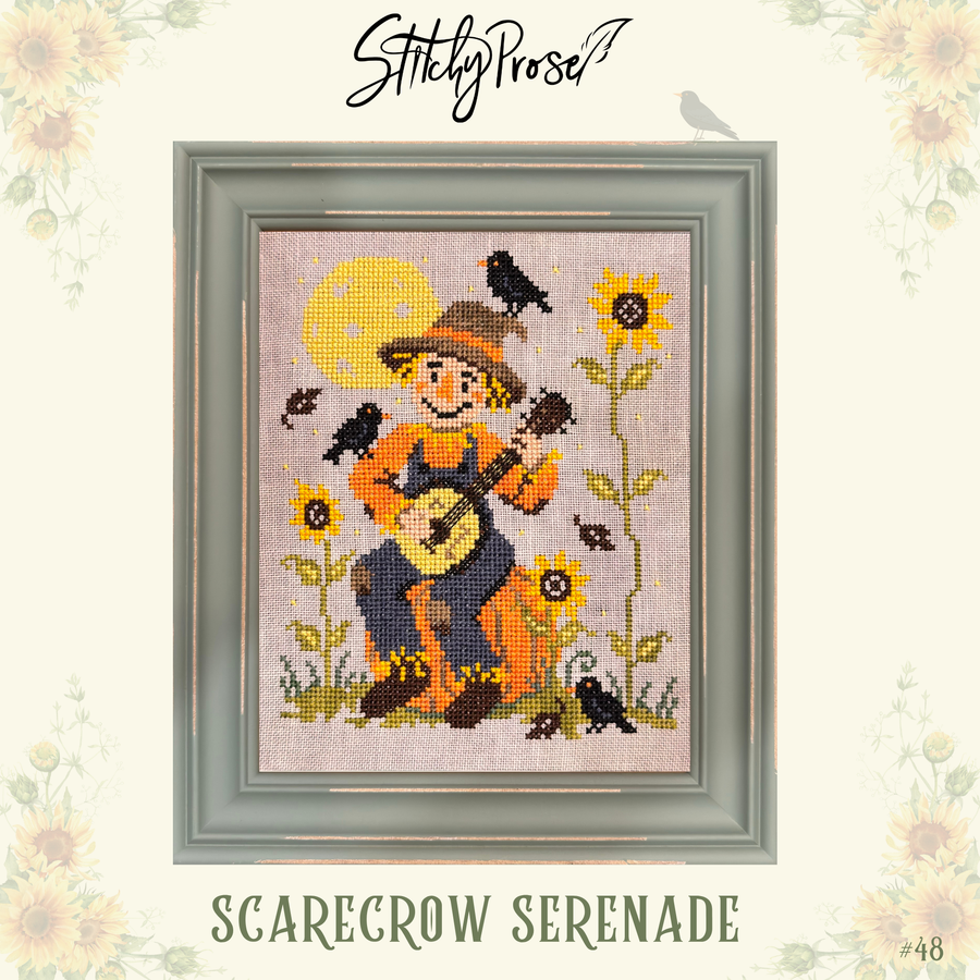 Cross-stitched design of a scarecrow playing guitar with sunflowers and crows, framed with 'Stitchy Rose' branding.
