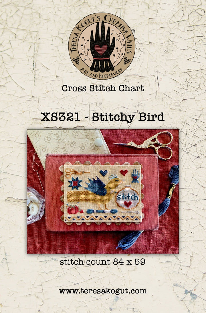 Cross stitch chart with 'Stitchy Bird' design on a textured beige background, featuring scissors and thread.