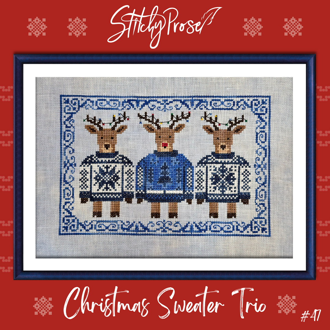 Cross-stitched design of three deer in sweaters on a red background with 'Stitchy Prose' branding.