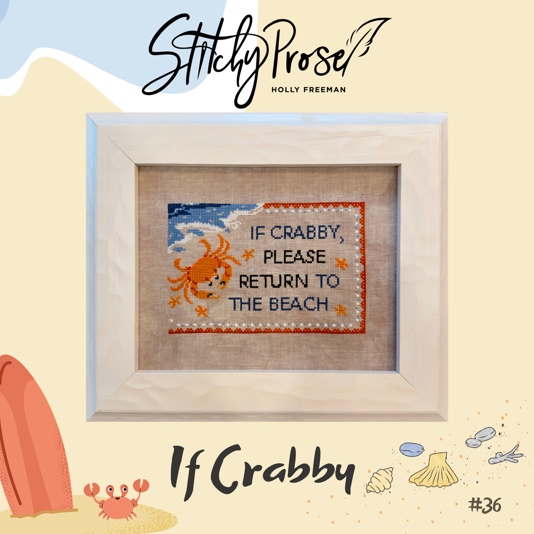 Framed cross-stitched artwork with a crab design and text, featuring the brand 'Stitchy Pose'.
