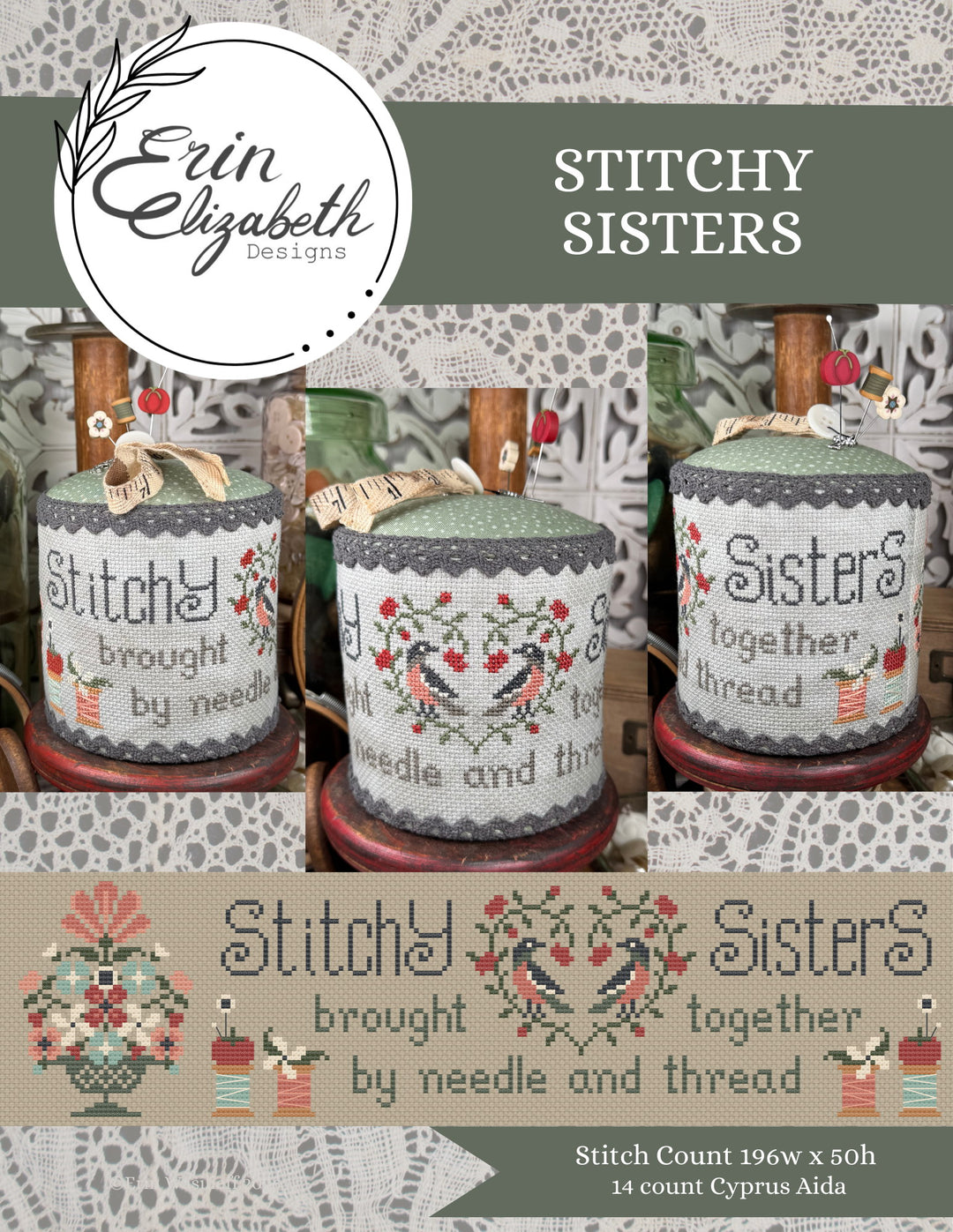 Cross-stitch pattern with 'Stitchy Sisters' design and Erin Elizabeth Designs branding.