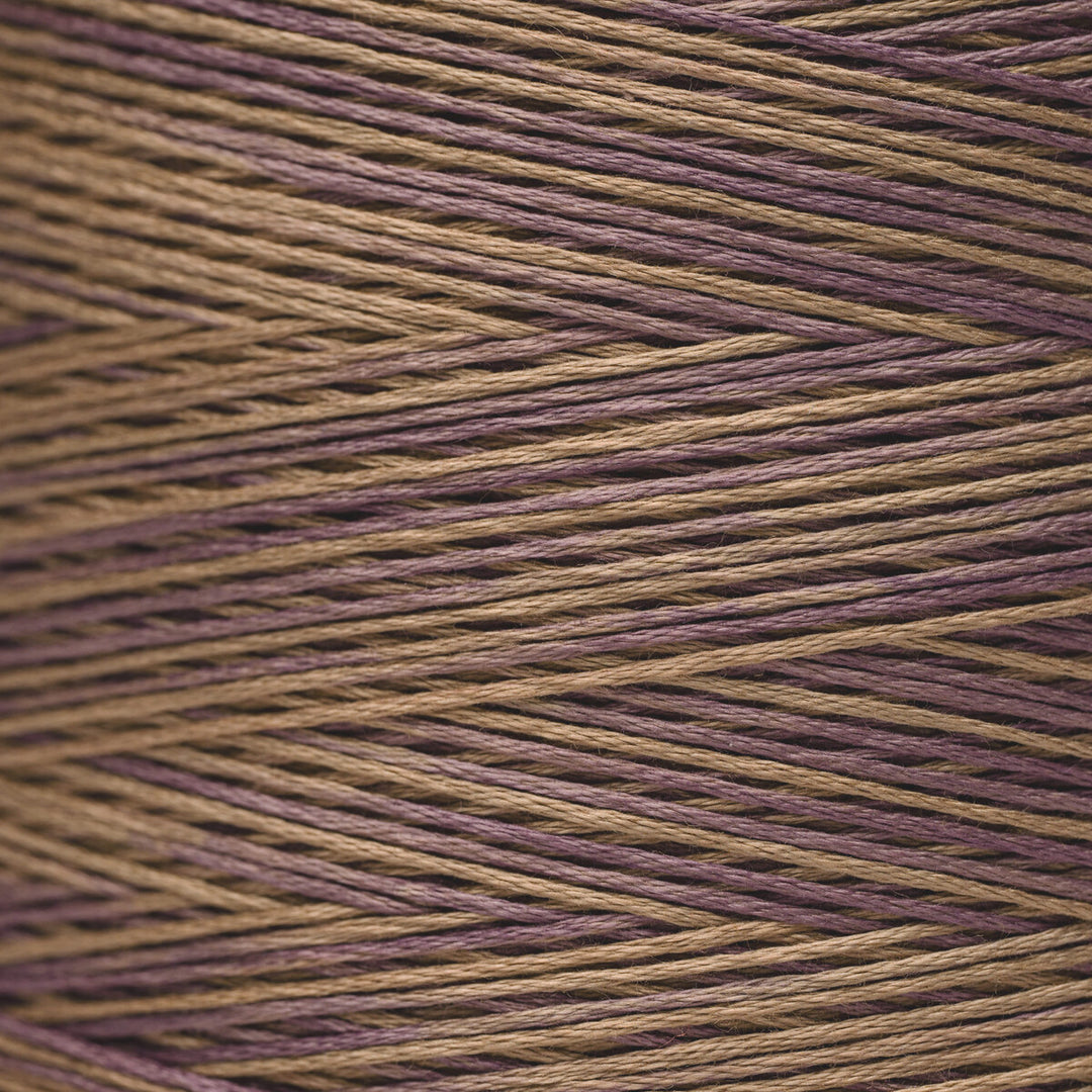Close-up of variegated yarn wound in diagonal rows, showing alternating strands of warm tan/beige and muted plum-purple.