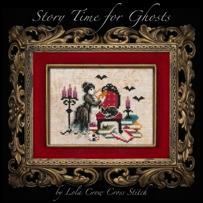 Framed cross-stitch artwork titled 'Story Time for Ghosts' by Lola Crow Cross Stitch on a dark background.