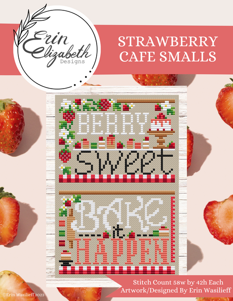 Cross-stitch pattern with strawberry-themed text and graphics on a pink background with strawberries.