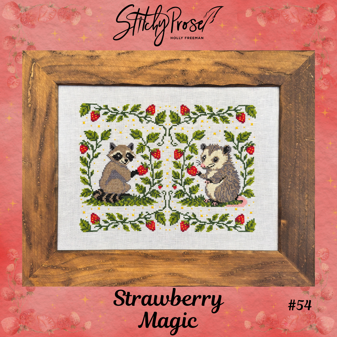 Cross-stitched design of a raccoon and a possum with strawberries in a wooden frame on a pink background with 'Stitchy Pose' branding.