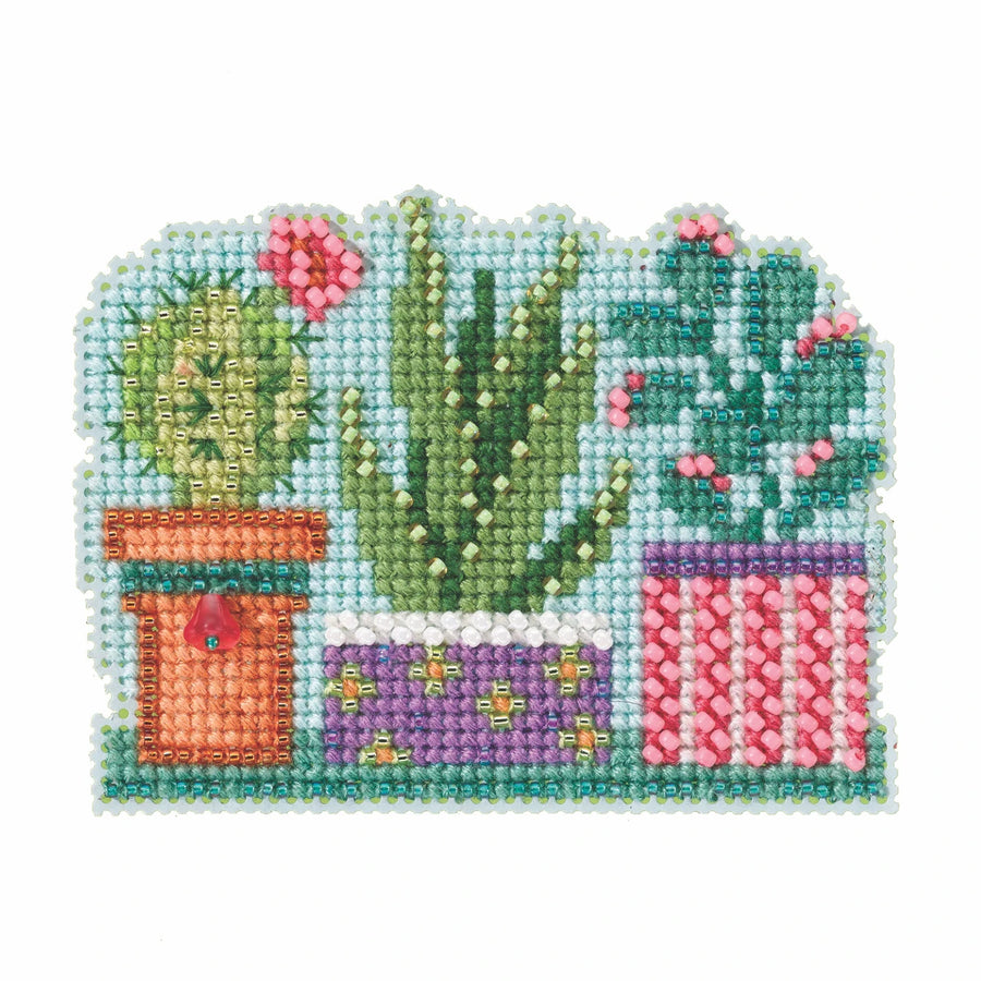 Cross-stitched design of potted plants on a white background