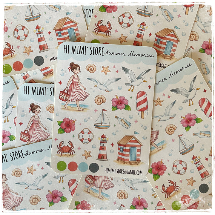 A sheet of decorative stickers with a nautical summer theme, featuring a girl in a pink dress, crabs, sailboats, lighthouses, seagulls, pink hibiscus flowers, and striped candy on an off-white background. Multiple sticker sheets are fanned out behind the main sheet, all printed with the brand name 'HI MIMI' STORE' and the text 'summer memories'.