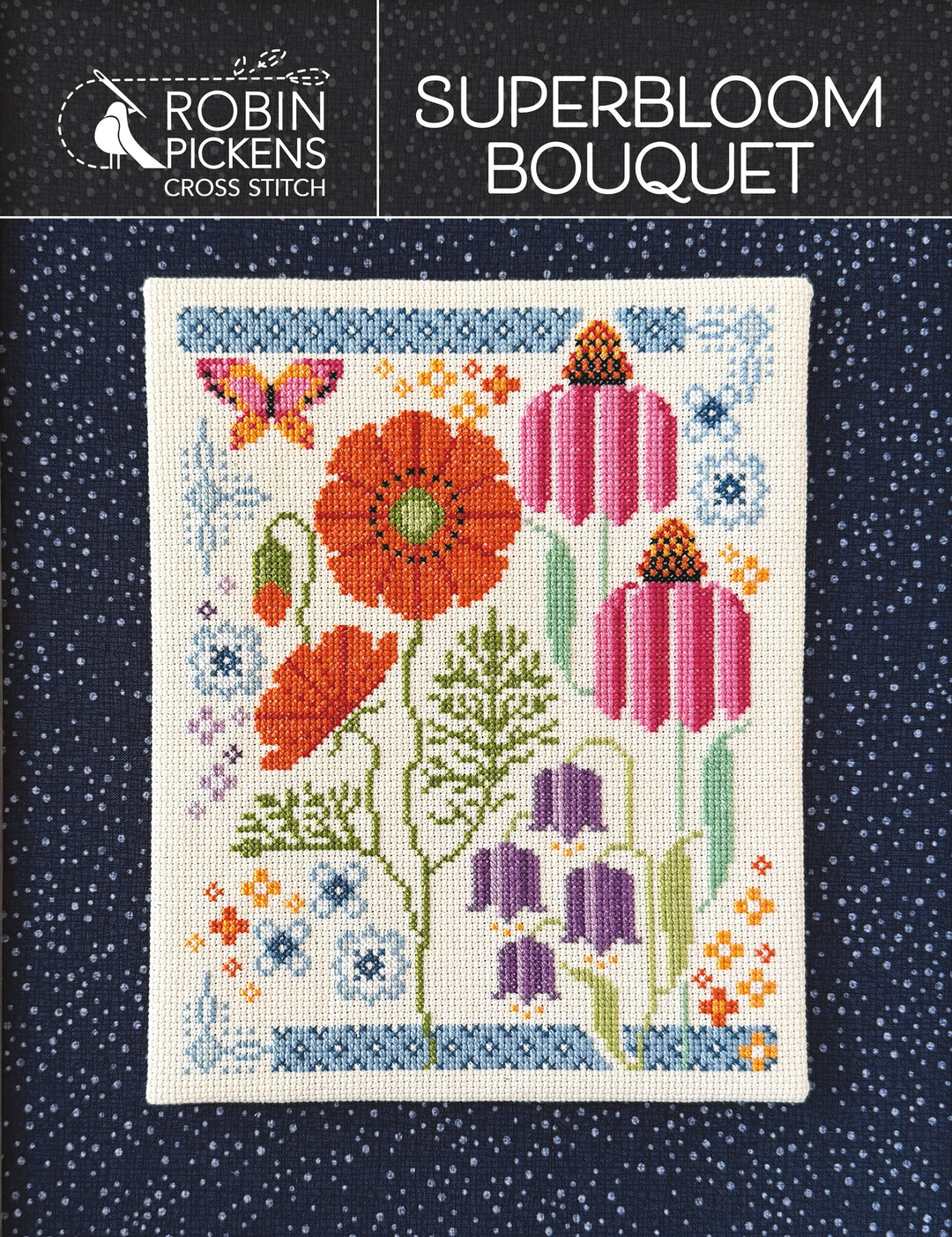 A colorful floral cross-stitch pattern named Superbloom Bouquet by Robin Pickens, featuring a variety of flowers and butterflies.