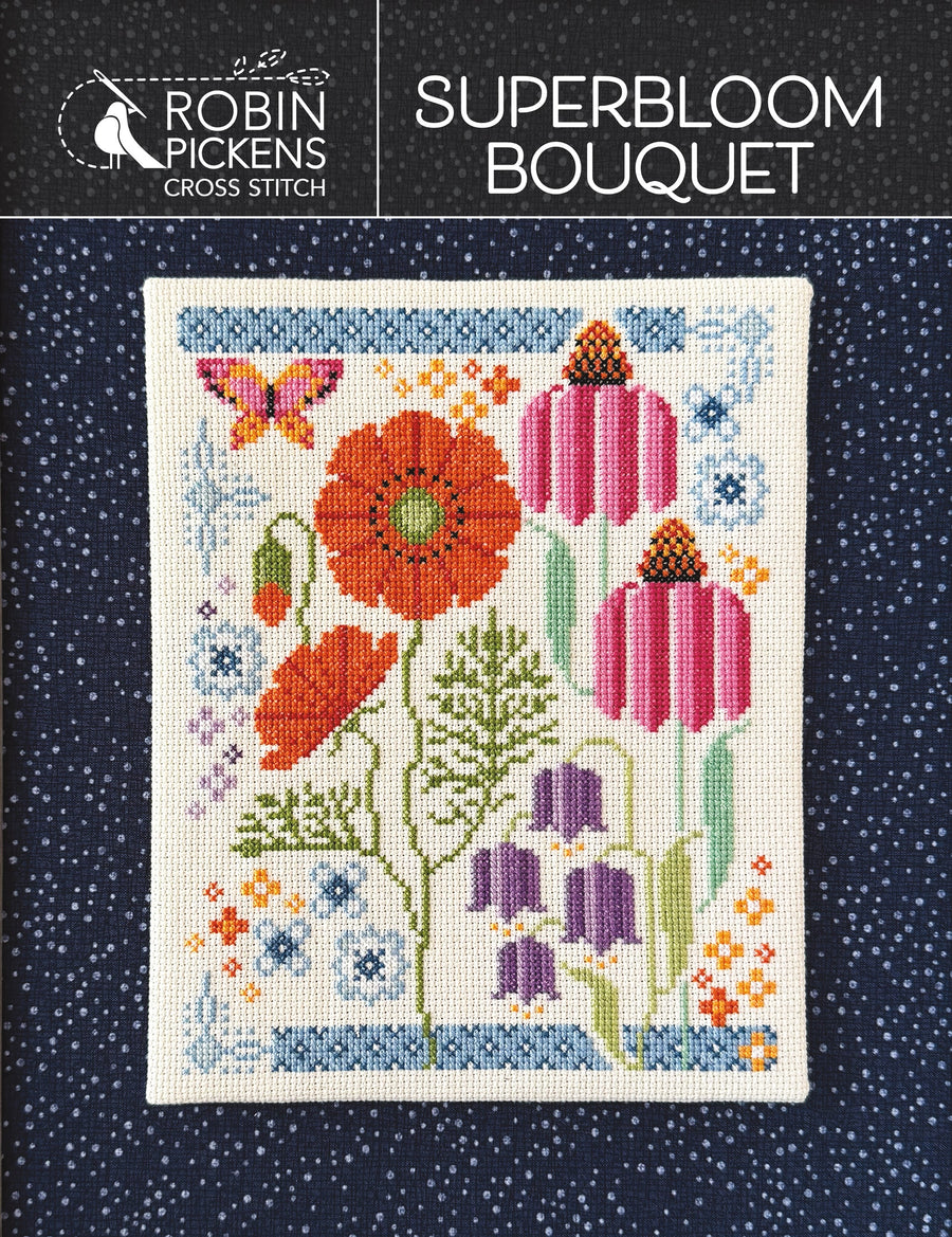A colorful floral cross-stitch pattern named Superbloom Bouquet by Robin Pickens, featuring a variety of flowers and butterflies.