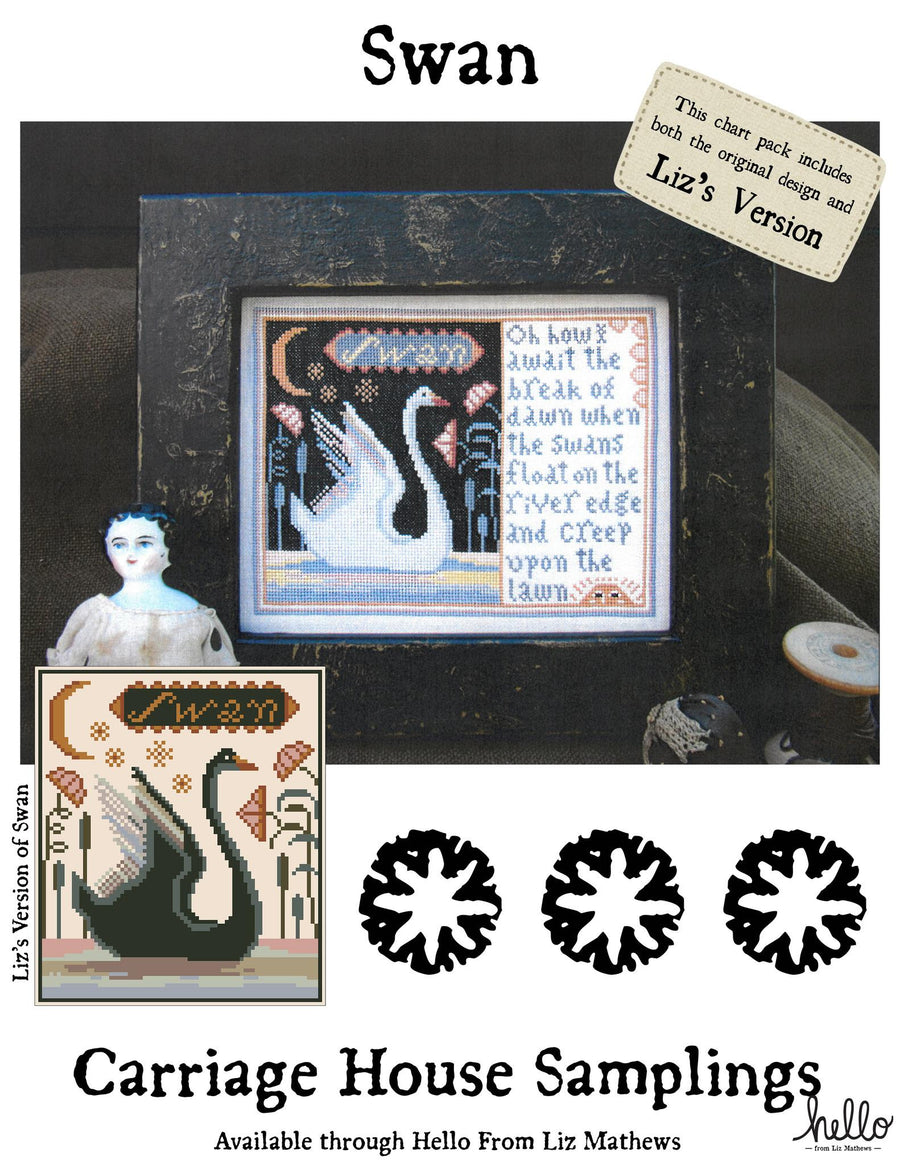 Cross-stitch pattern for a swan design by Carriage House Samplings with additional elements and branding.