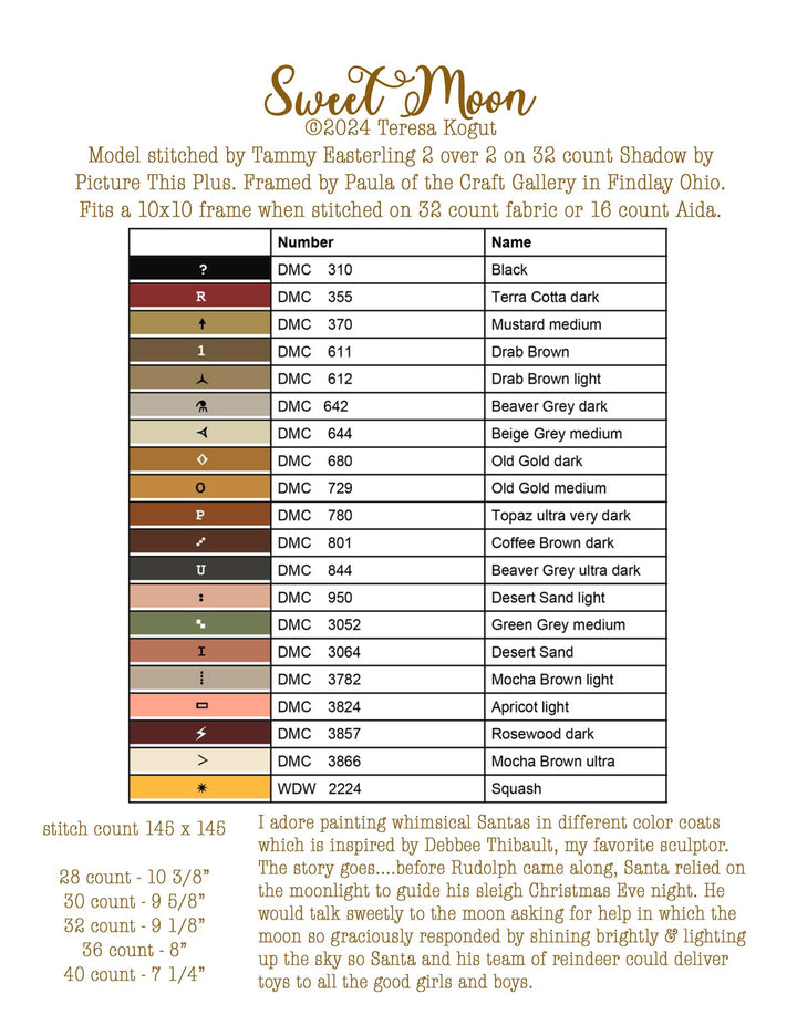 Yarn color chart for a craft project titled 'Sweet Moon' with color codes and names.