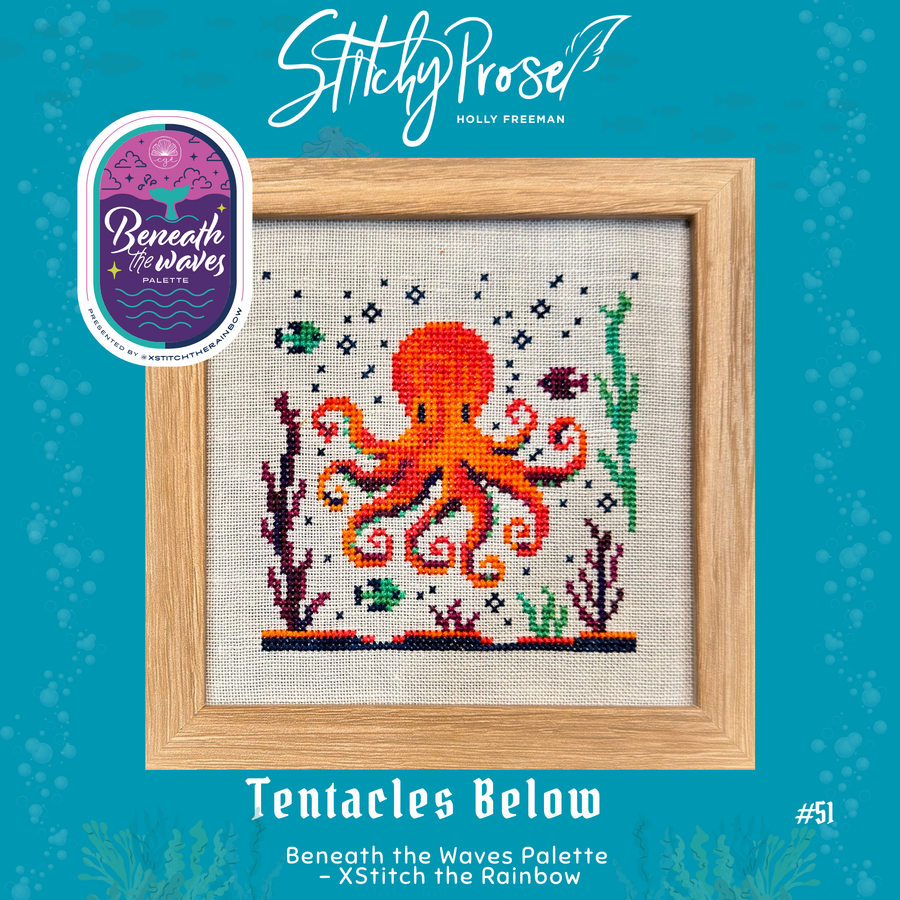 Cross-stitched octopus design on fabric with 'Stitchy Pose' branding on a teal background