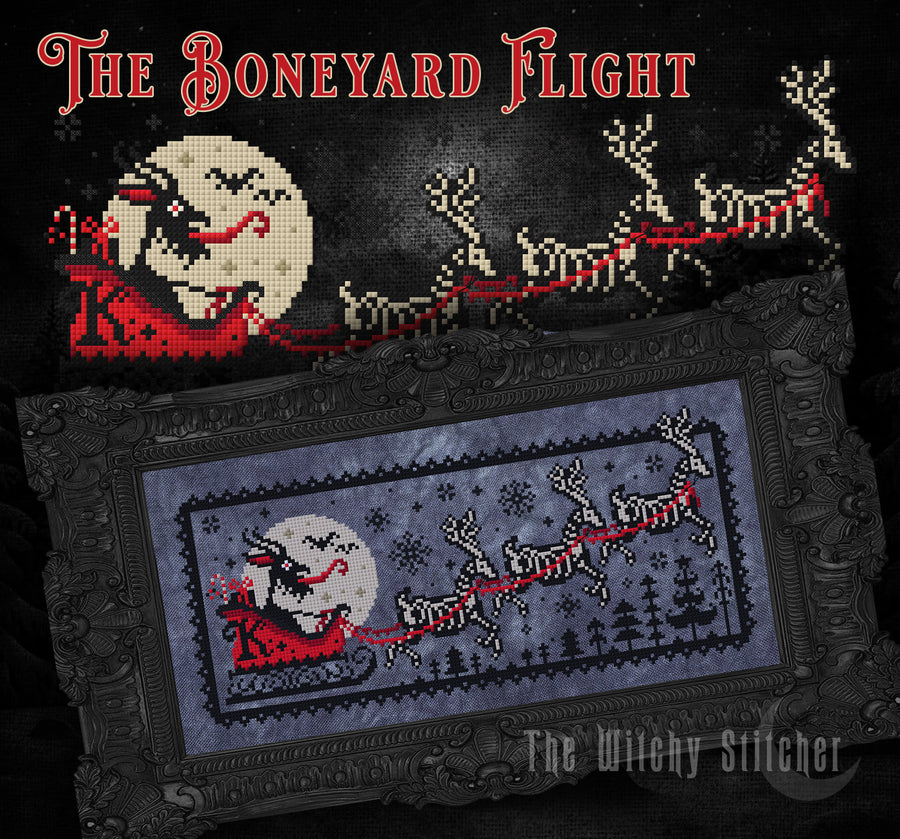A Christmas-themed cross-stitch design titled 'The Boneyard Flight' shown as a finished framed sampler above a smaller matching sample. The artwork depicts Santa in a red sleigh carrying a moon and stars, with reindeer and snowy trees.