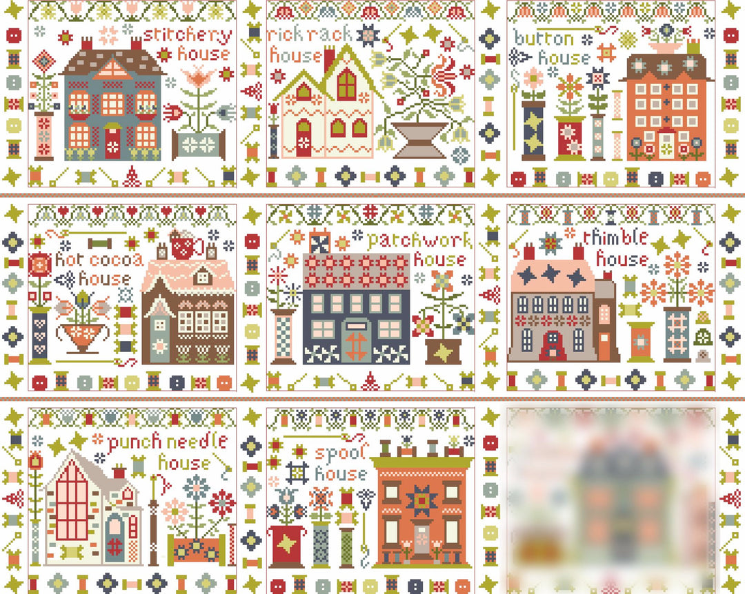 A 3x3 grid of colorful cross-stitch pattern designs featuring stitching-themed house illustrations with text labels such as 'stitchery house,' 'rack rack house,' 'button house,' 'hot cocoa house,' 'patchwork house,' 'thimble house,' 'punch needle house,' 'spool house,' and a final blurred house to be revealed '