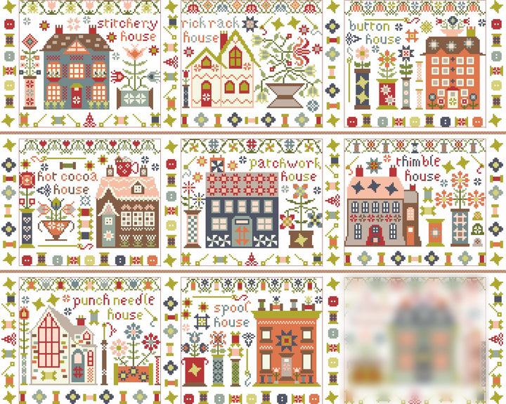 A 3x3 grid of colorful cross-stitch pattern designs featuring stitching-themed house illustrations with text labels such as 'stitchery house,' 'rack rack house,' 'button house,' 'hot cocoa house,' 'patchwork house,' 'thimble house,' 'punch needle house,' 'spool house,' and a final blurred house to be revealed '