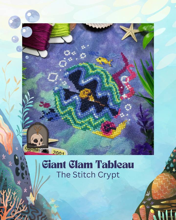 Embroidery design with a fish and skull on a blue background, titled 'Giant Clam Tableau' by The Stitch Crypt.