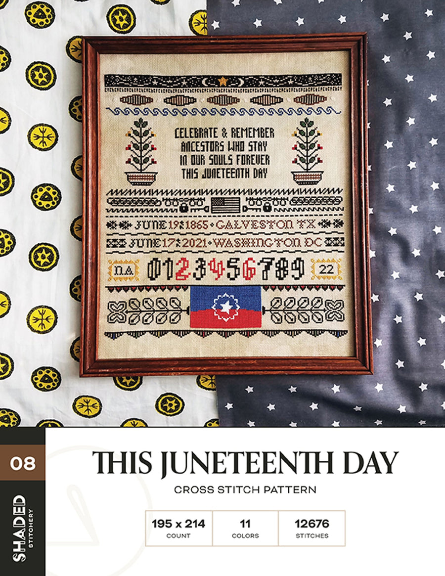 Cross stitch pattern for Juneteenth Day with a wooden frame on a fabric background.